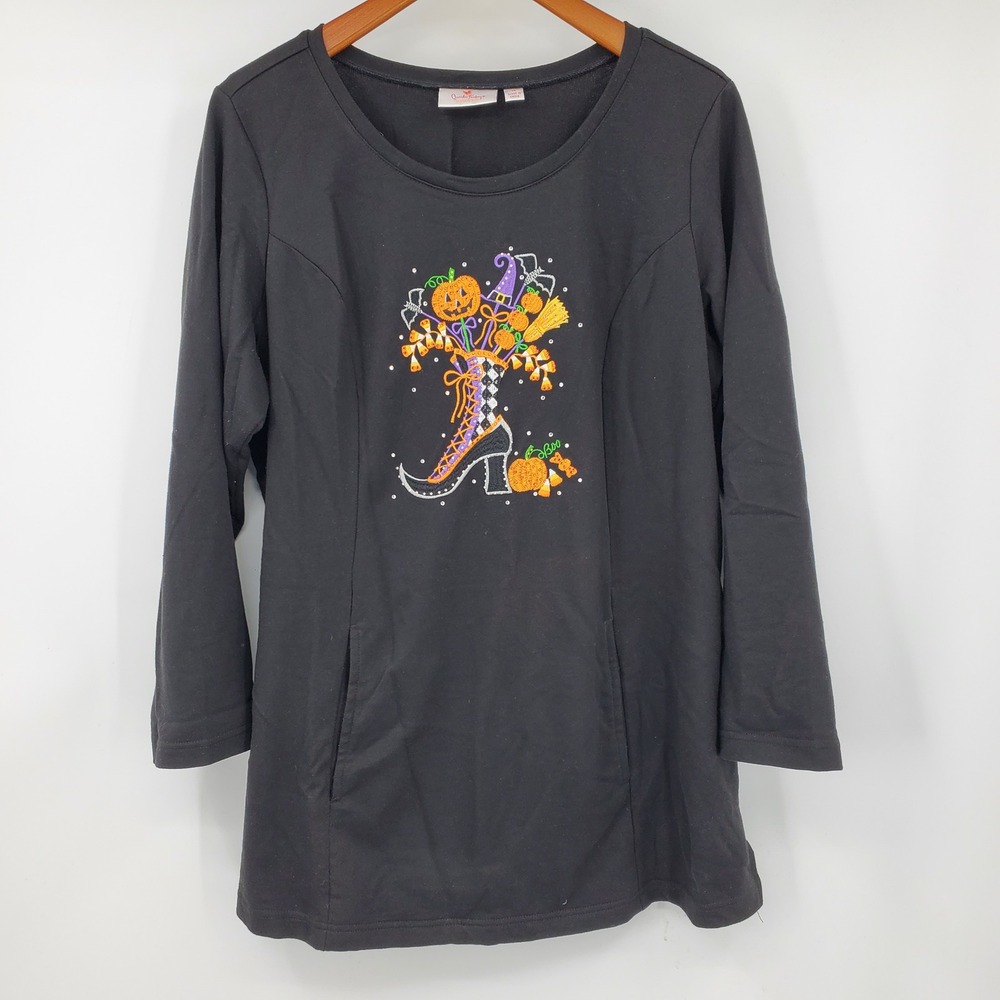 Quacker Factory Halloween Embroidered Rhinestone Tunic Shirt 1X Spooky Witchy